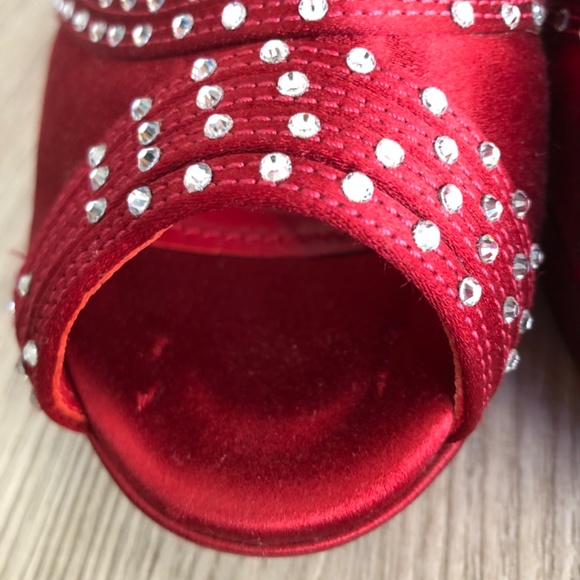 Marchez Vous Red Heels with Rhinestones and Ankle Strap, Size 6 - Picture 13 of 13
